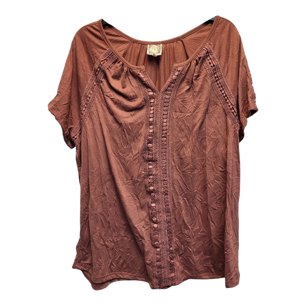 Truself Pink Crinkle Short Sleeve V-neck Blouse with Lace Trim- Size 2X